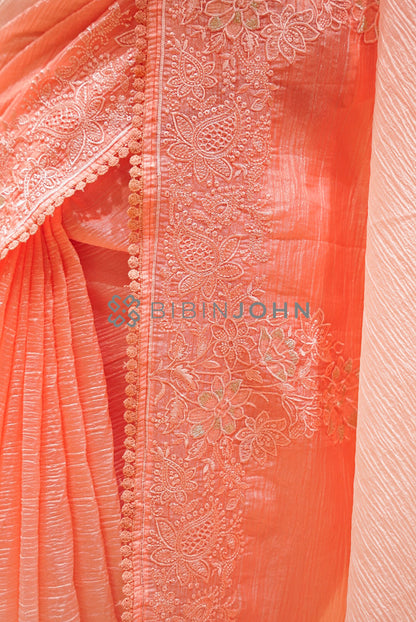 Tissue Organza Embroidery Saree For Women  peach CLOSE VIEW