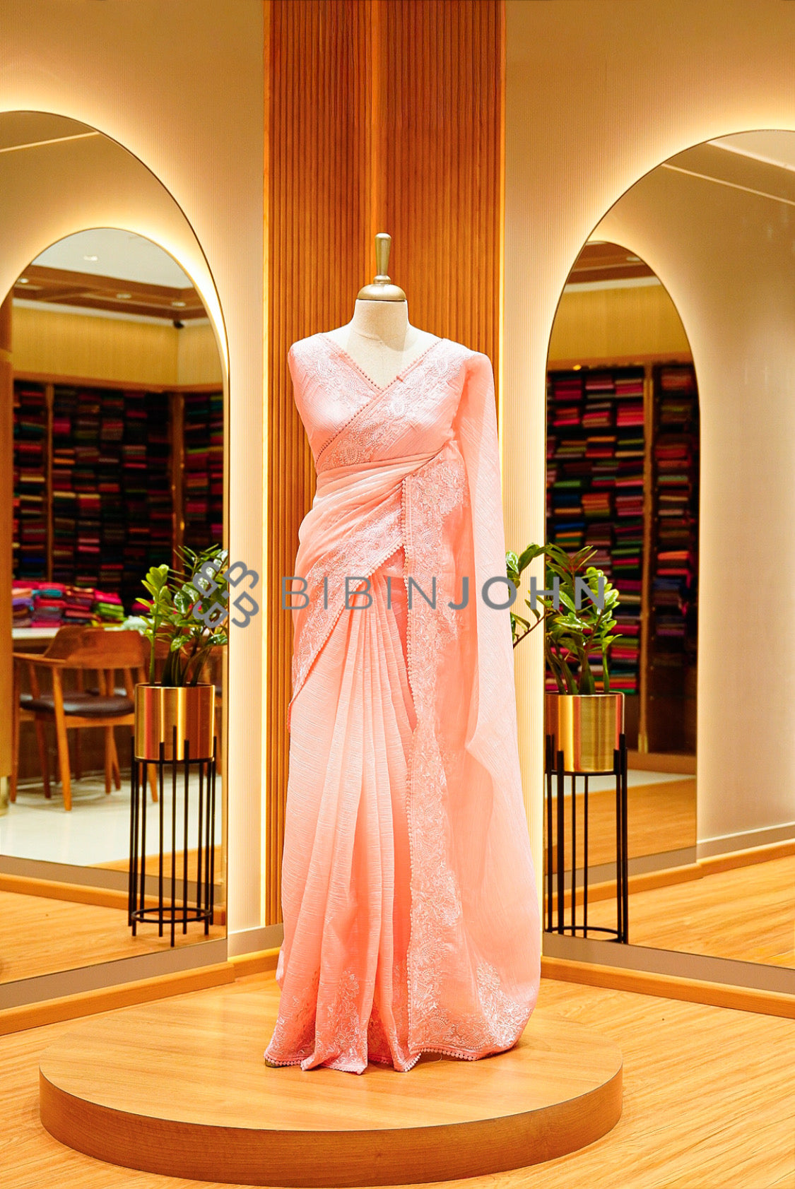 Tissue Organza Embroidery Saree For Women  peach