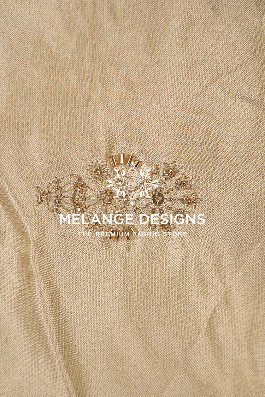Beige linen Tissue Satin Embroidery Fabric Dyeable with a central embroidered floral design in gold and white, featuring .