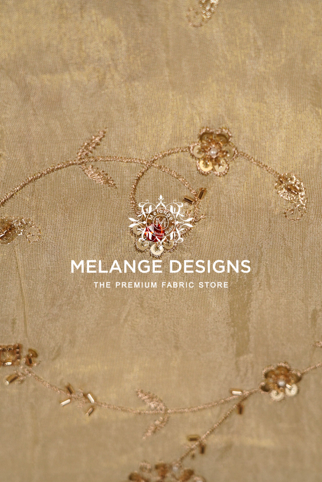 Gold floral embroidered Tissue Silk Embroidery Fabric with sequins and beadwork.