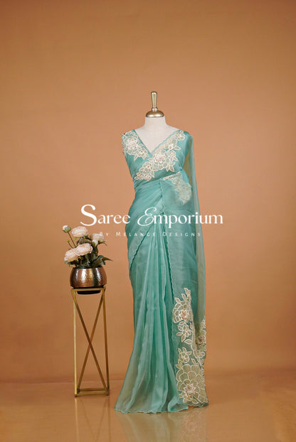 Tissue Organza Applique Saree For Women Aqua Blue.