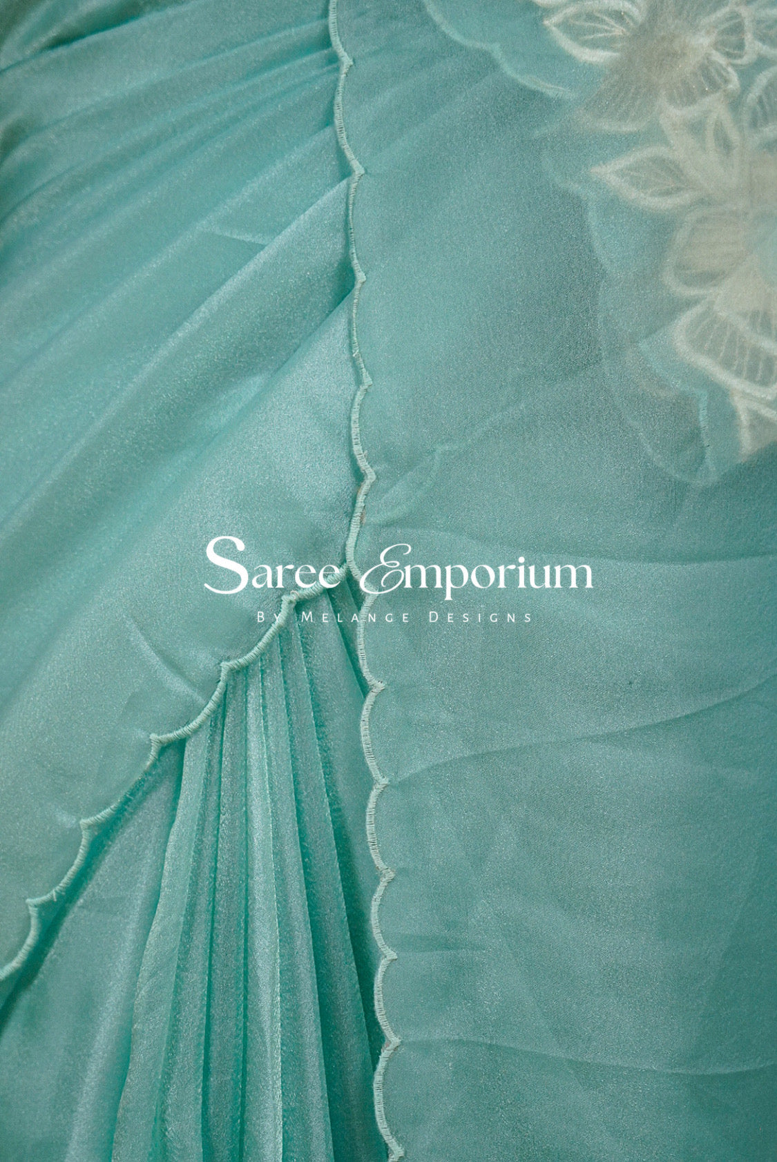Tissue Organza Applique Saree For Women Aqua Blue Side View.