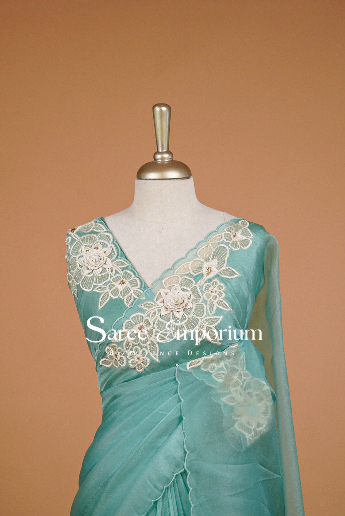 Tissue Organza Applique Saree For Women Aqua Blue Close Up.