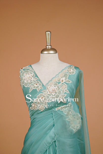 Tissue Organza Applique Saree For Women Aqua Blue Close Up.