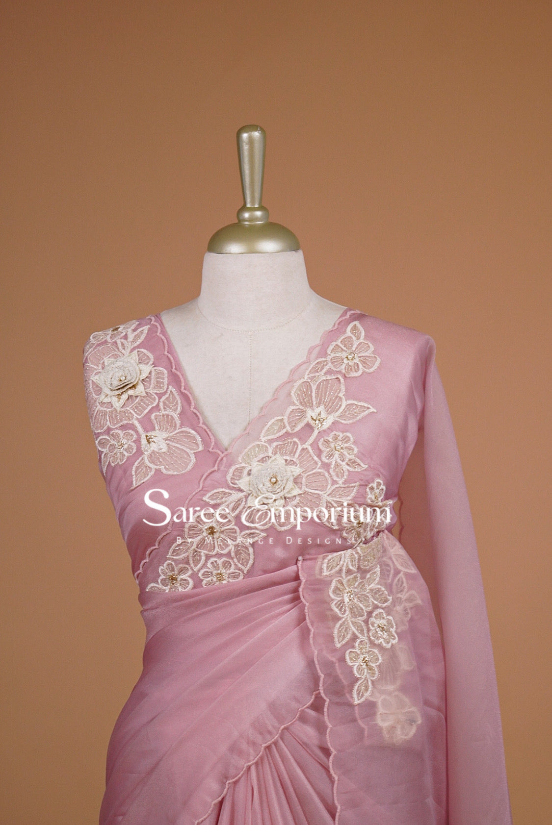 Tissue Organza Applique Saree For Women Dusty Rose Close Up.
