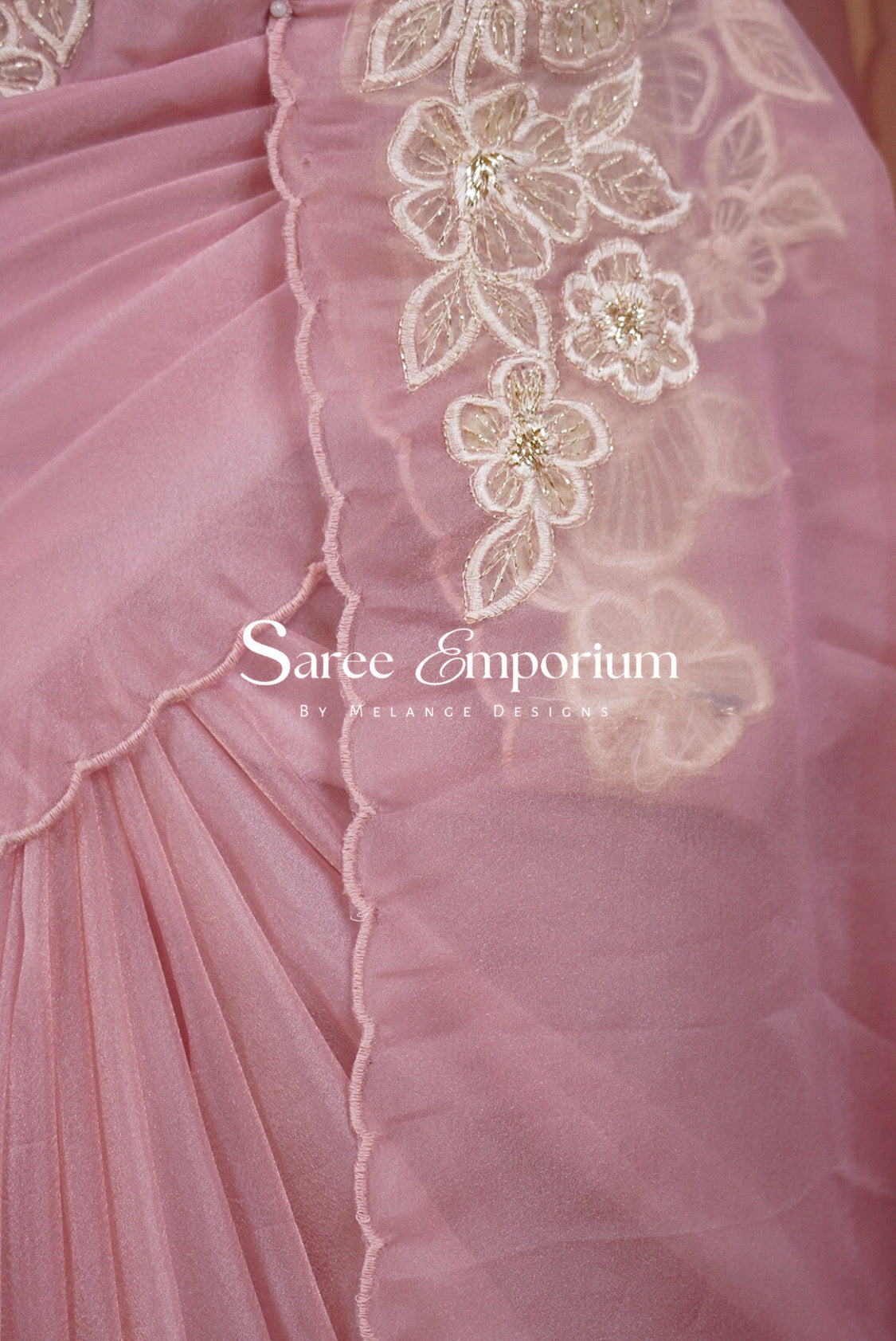Tissue Organza Applique Saree For Women Dusty Rose  Side View.