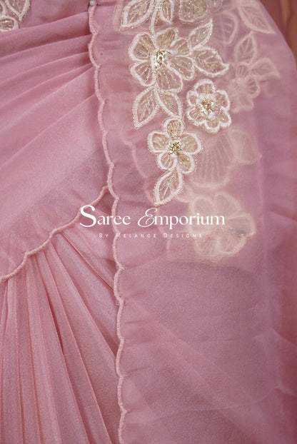 Tissue Organza Applique Saree For Women Dusty Rose  Side View.
