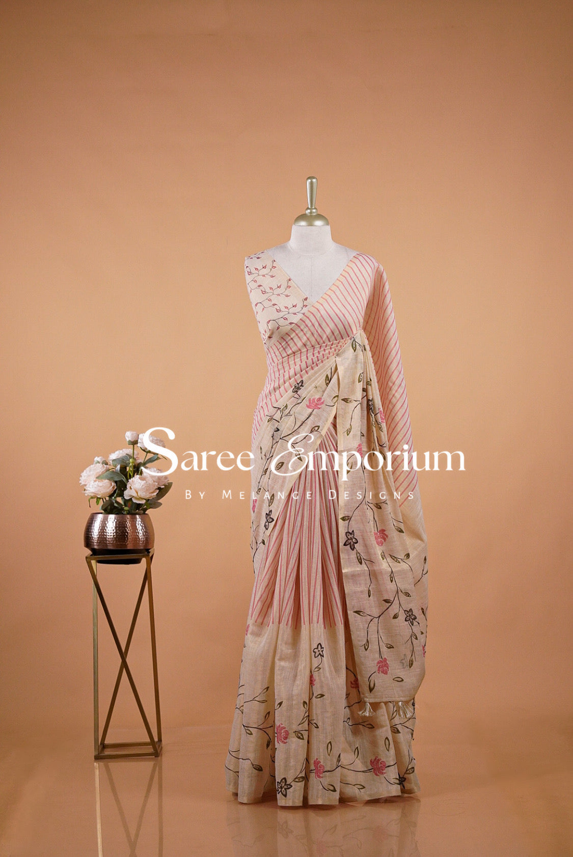 Tissue Linen Embroidery Saree For Women Natural Ivory-Beige.