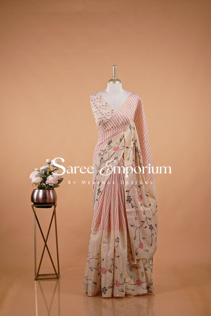 Tissue Linen Embroidery Saree For Women Natural Ivory-Beige.