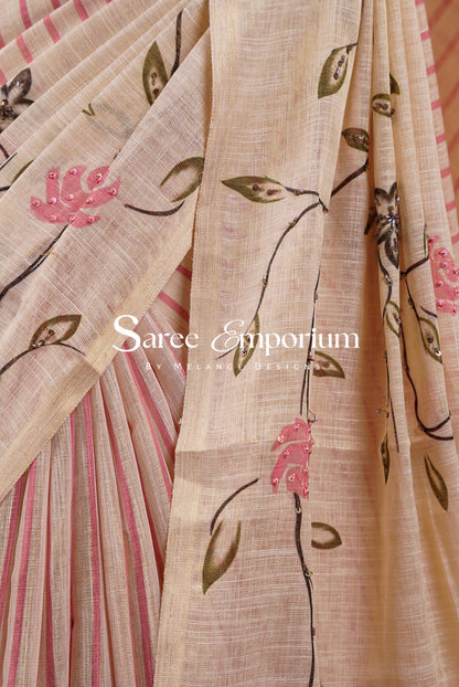 Tissue Linen Embroidery Saree For Women Natural Ivory-Beige Side View.