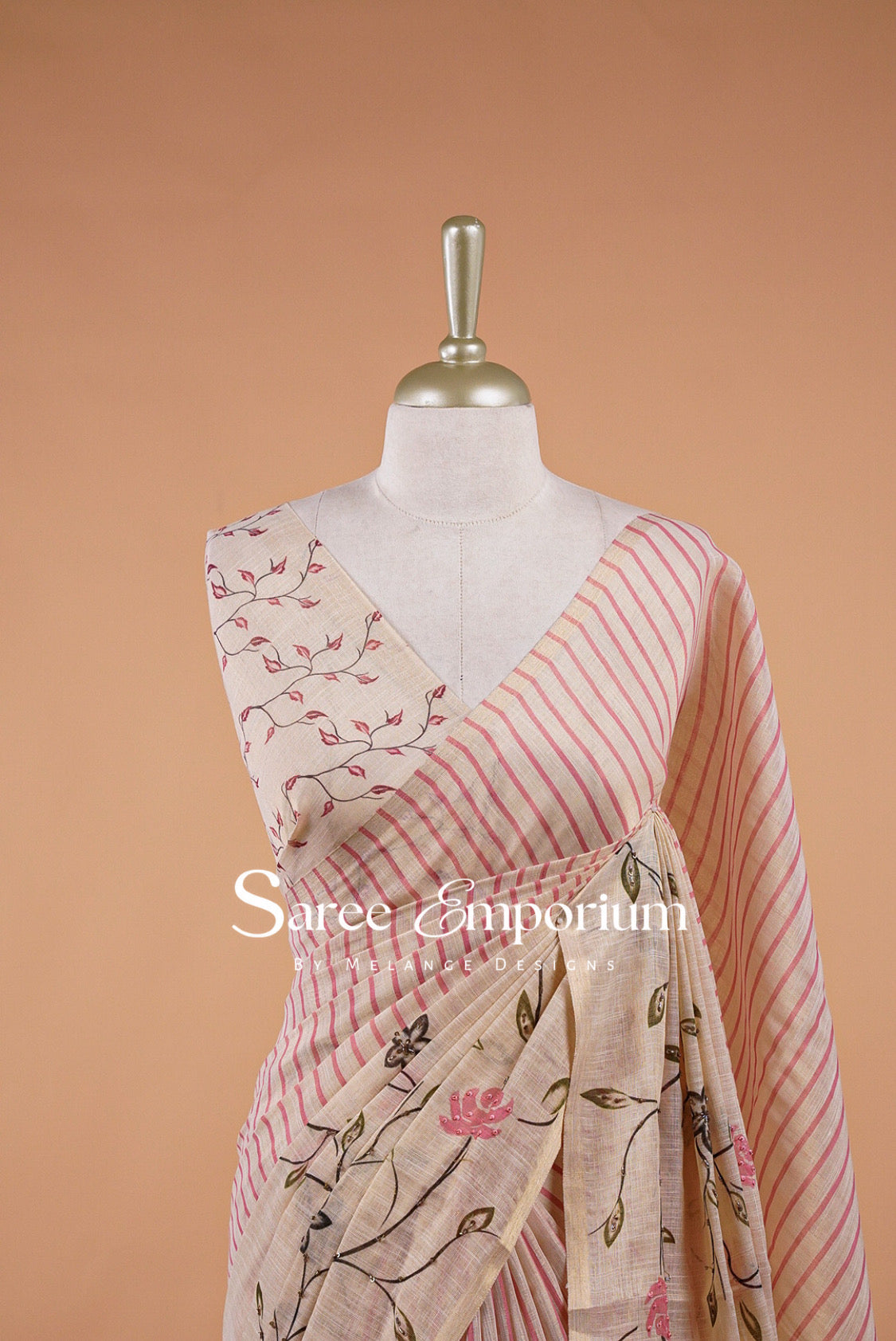 Tissue Linen Embroidery Saree For Women Natural Ivory-Beige Close View.