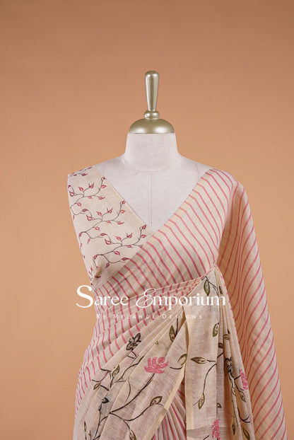 Tissue Linen Embroidery Saree For Women Natural Ivory-Beige Close View.