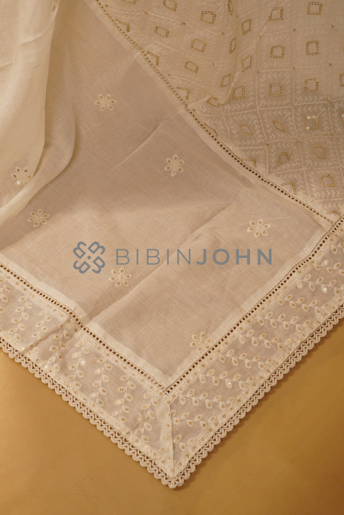 Cotton Embroidery Dupatta For Women Off White close view.