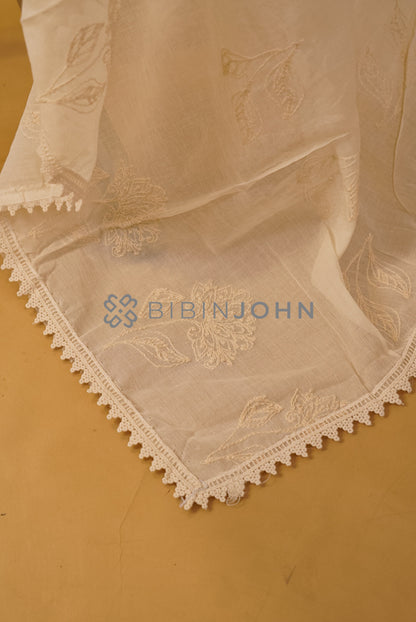 Mul Cotton Embroidery Dupatta Off White  side view.
