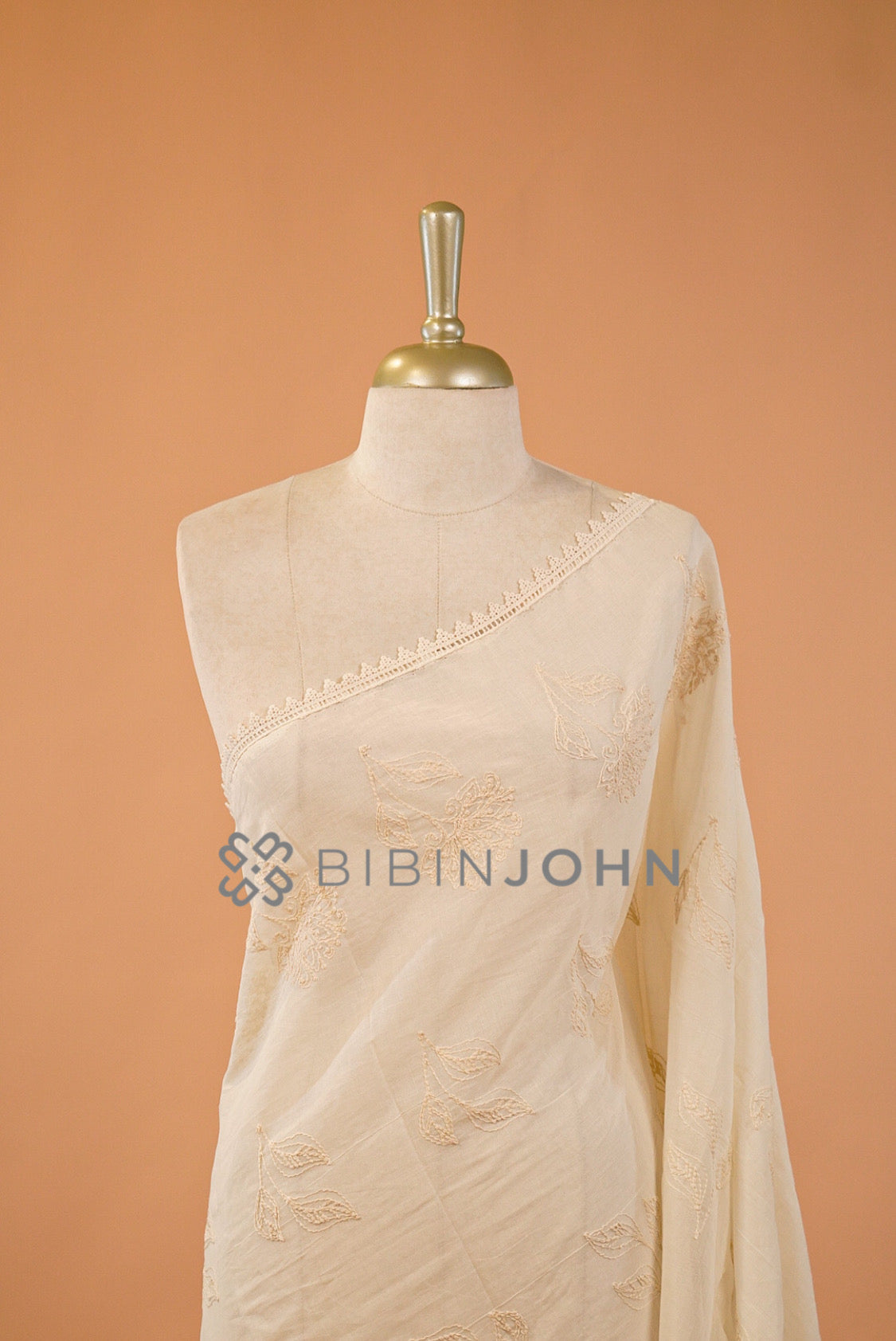 Mul Cotton Embroidery Dupatta Off White  close view.