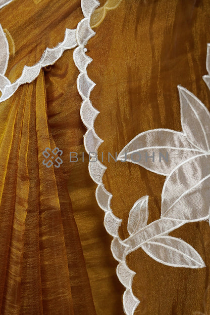 Tissue Organza Applique Saree For Women Mustard Gold SIDE VIEW