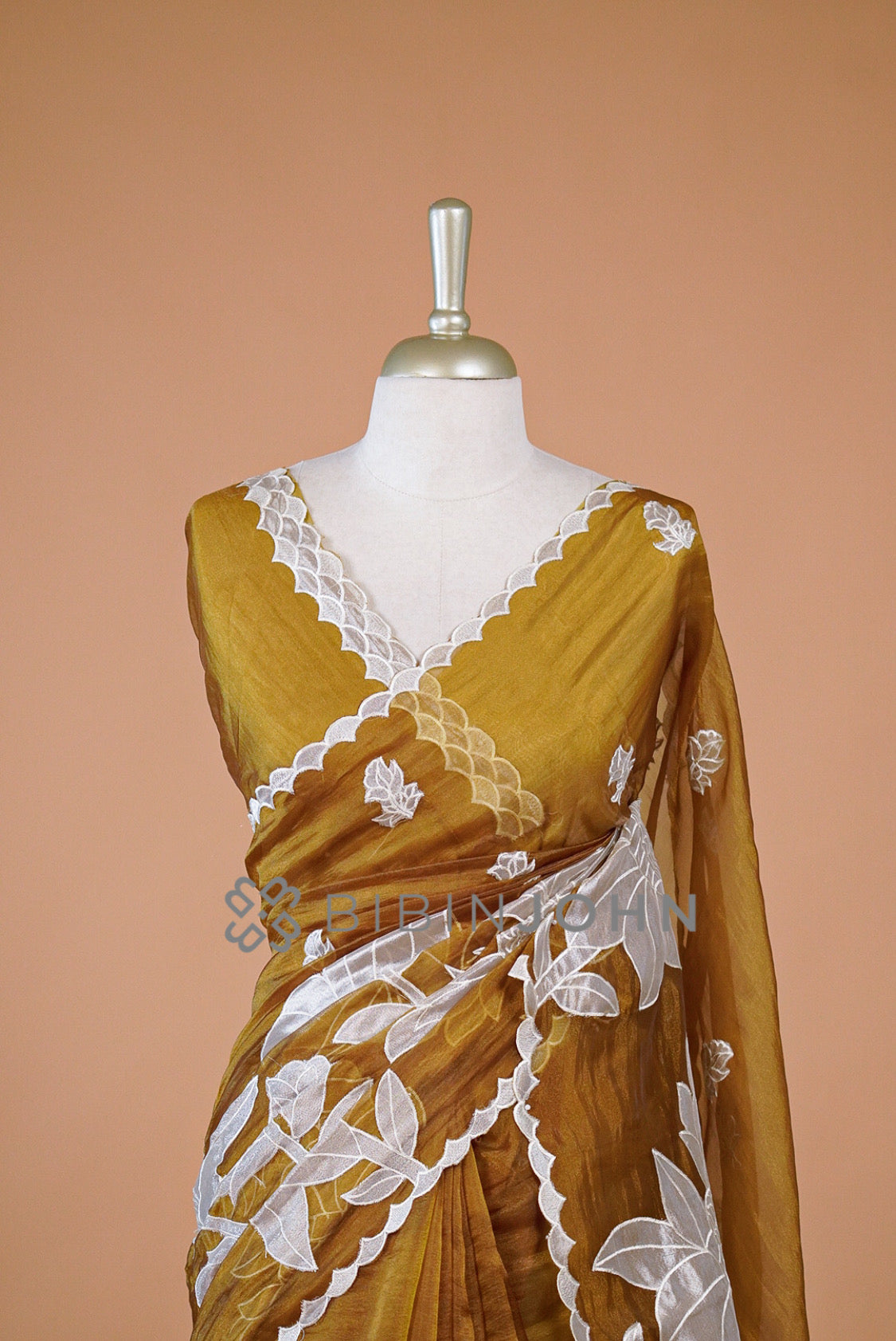 Tissue Organza Applique Saree For Women Mustard Gold CLOSE VIEW