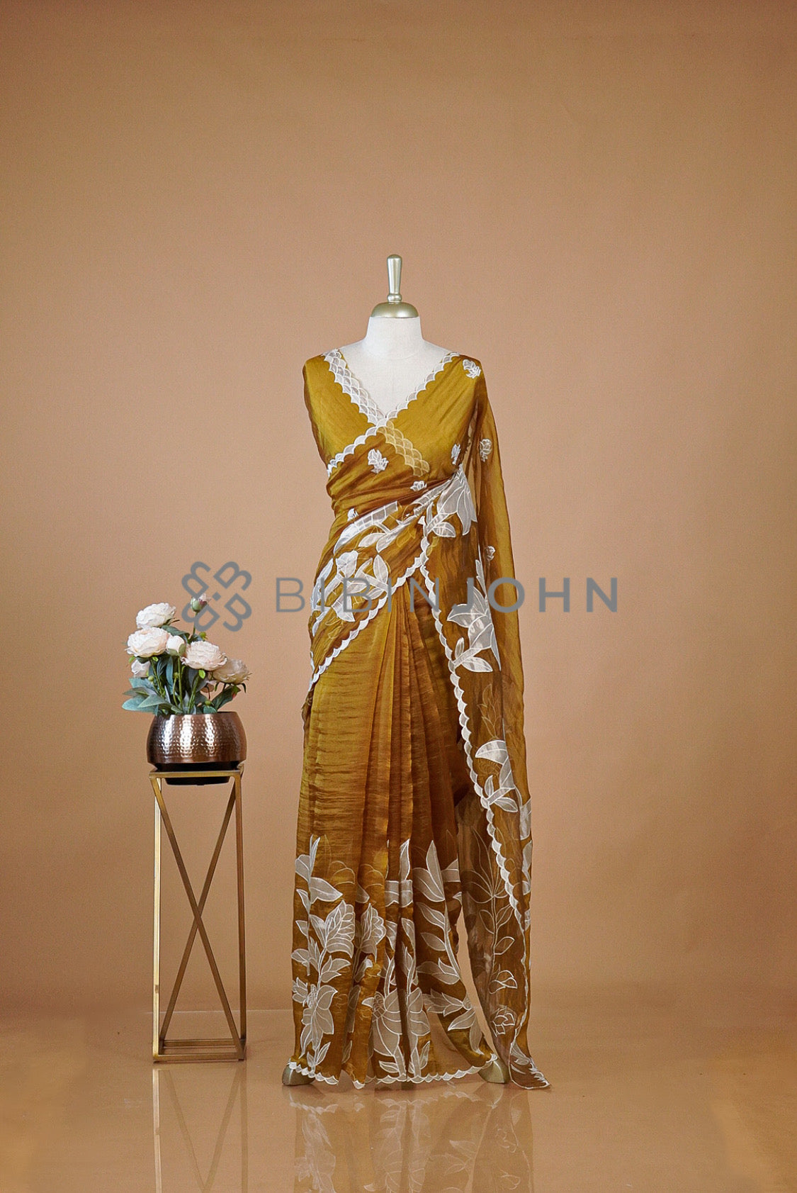 Tissue Organza Applique Saree For Women Mustard Gold