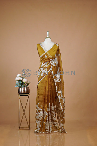 Tissue Organza Applique Saree For Women Mustard Gold