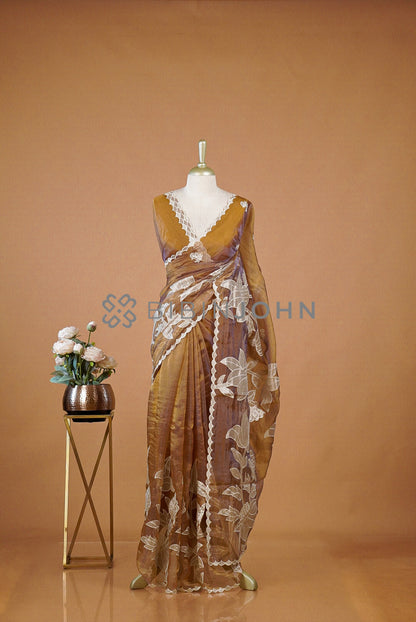 Tissue Organza Applique Saree For Women Antique Mustard-Gold  BJ0647