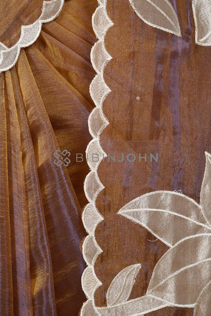 Tissue Organza Applique Saree For Women Antique Mustard-Gold  BJ0647