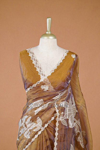 Tissue Organza Applique Saree For Women Antique Mustard-Gold  BJ0647