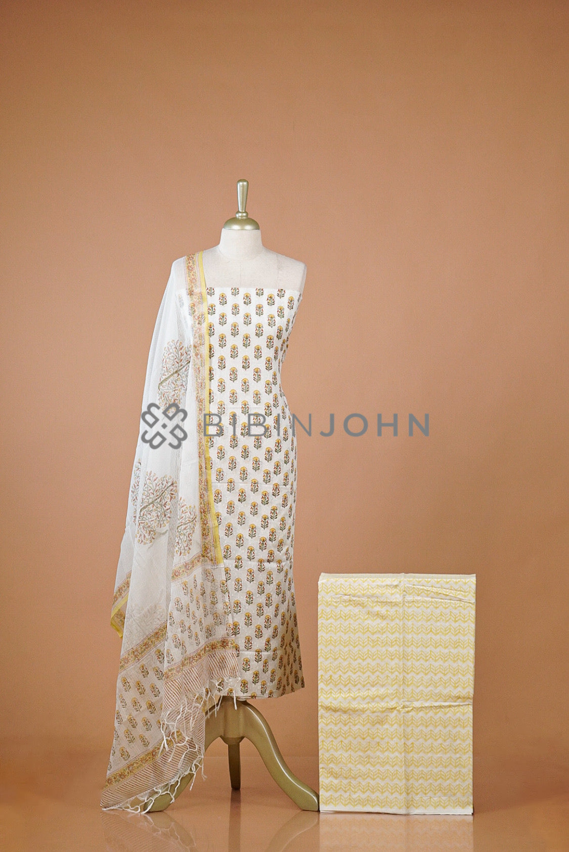 Printed Cotton Unstitched Salwar Suit Material Ivory