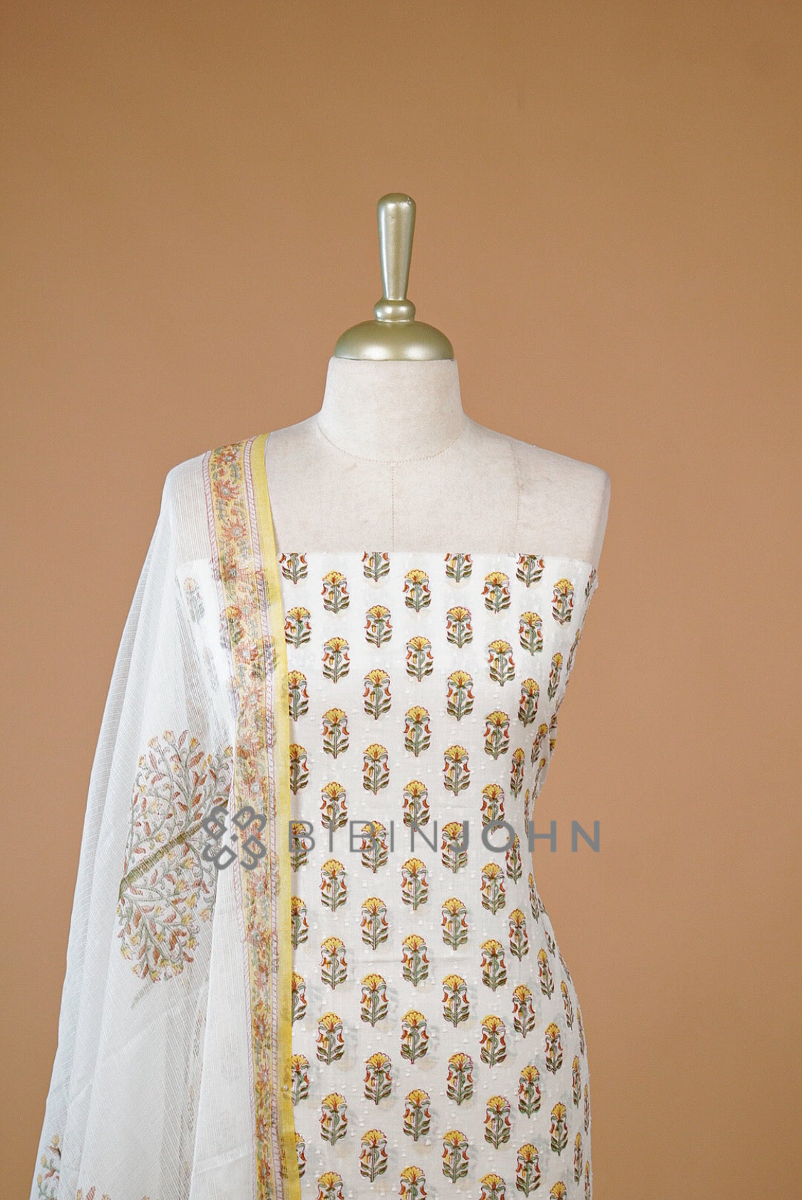Printed Cotton Unstitched Salwar Suit Material Ivory close view.