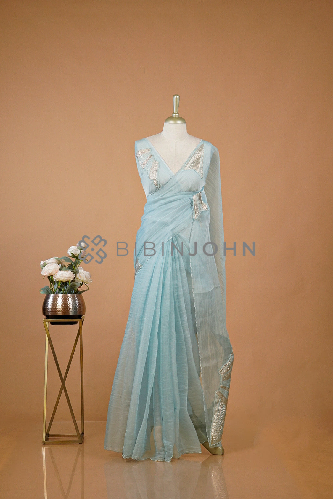 Organza Aplic Saree For Women Powder Blue 