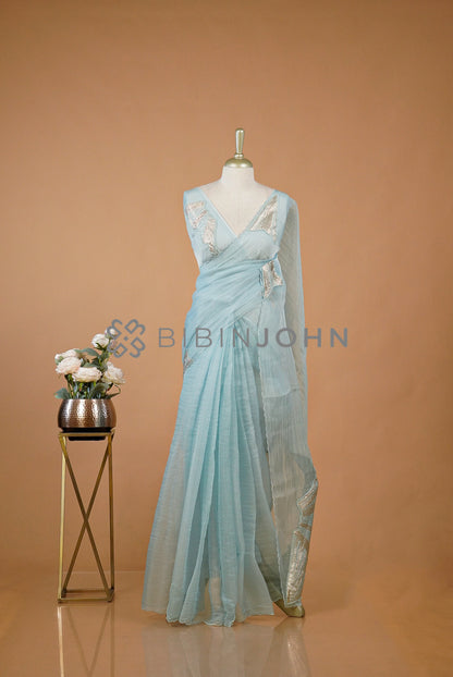 Organza Aplic Saree For Women Powder Blue 