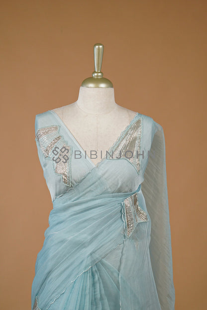 Organza Aplic Saree For Women Powder Blue  close view
