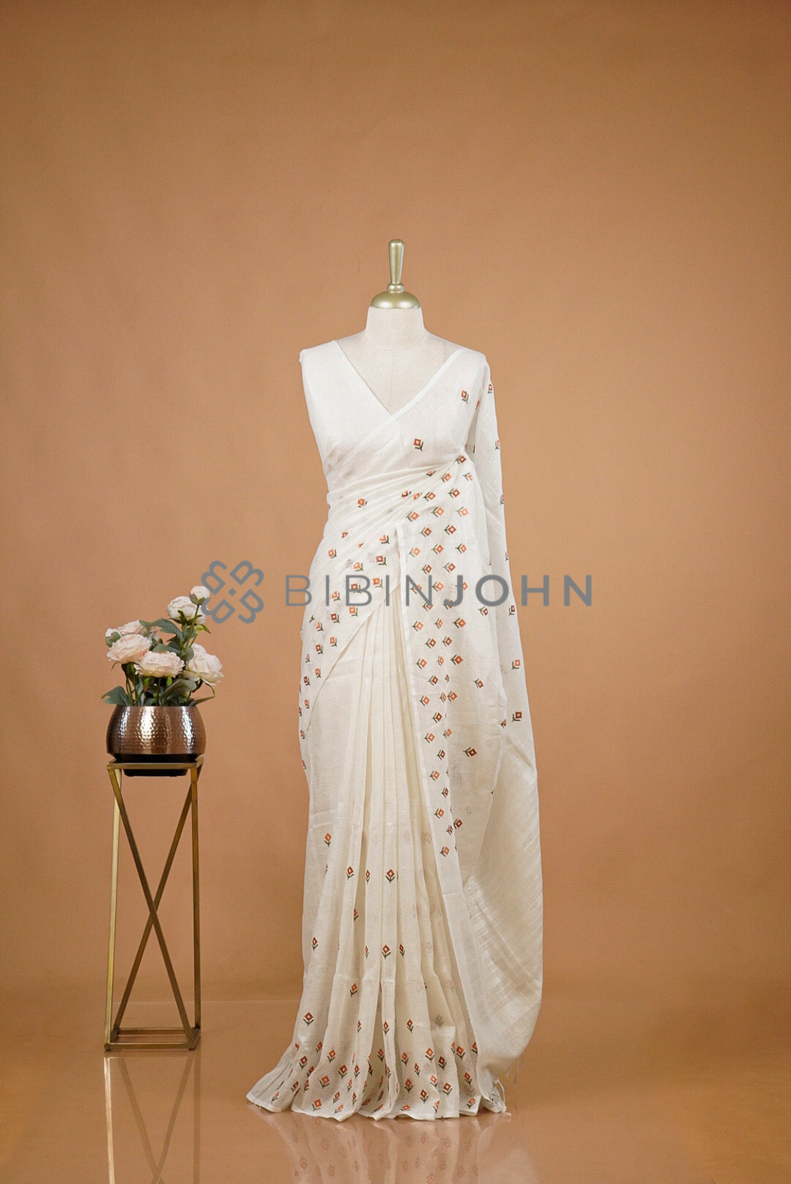 Linen Embroidery Saree For Women White 