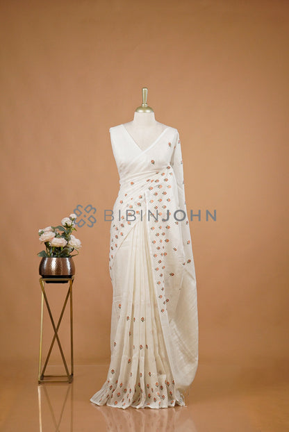 Linen Embroidery Saree For Women White 