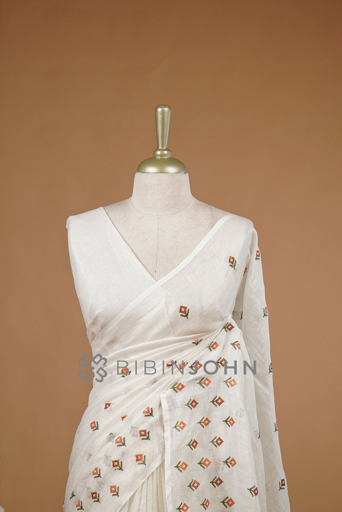 Linen Embroidery Saree For Women White close view