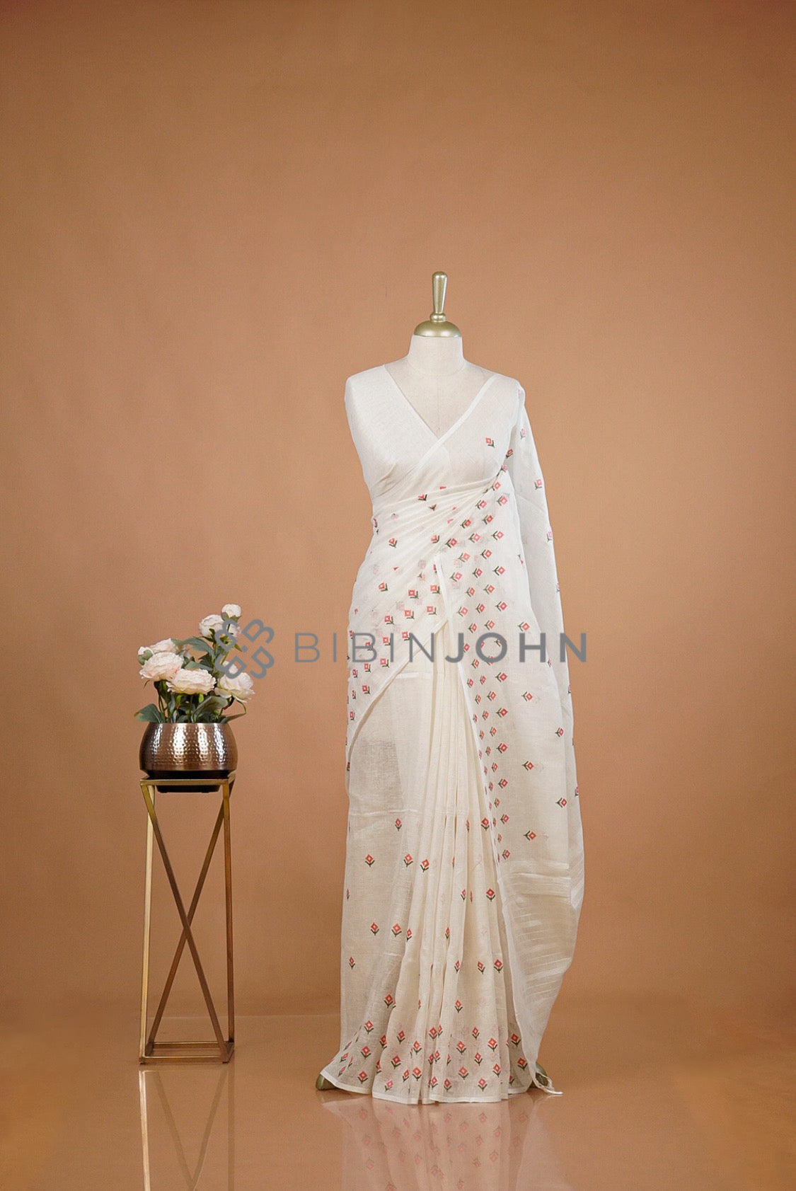 Linen Embroidery Saree For Women White
