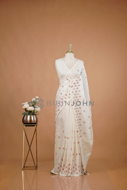 Linen Embroidery Saree For Women White