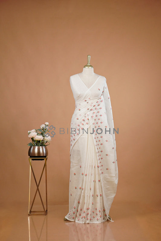Linen Embroidery Saree For Women White
