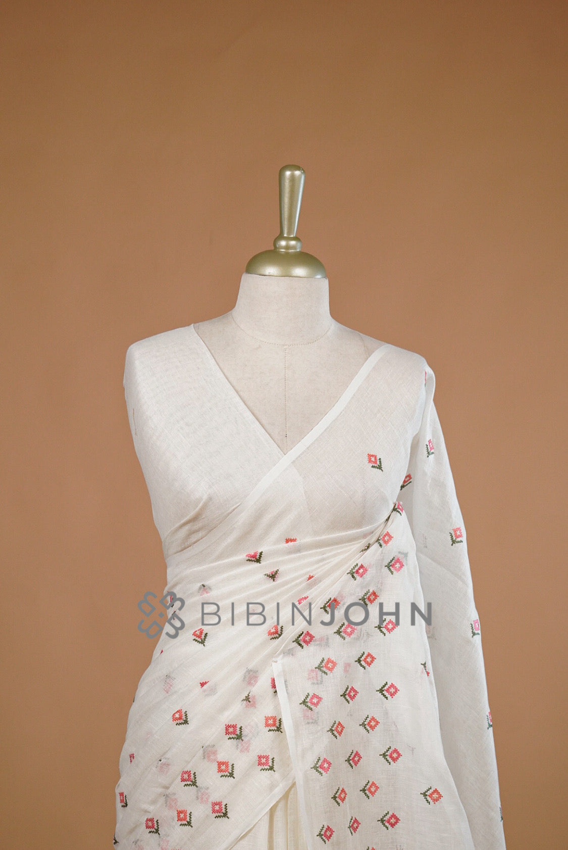 Linen Embroidery Saree For Women White close view.