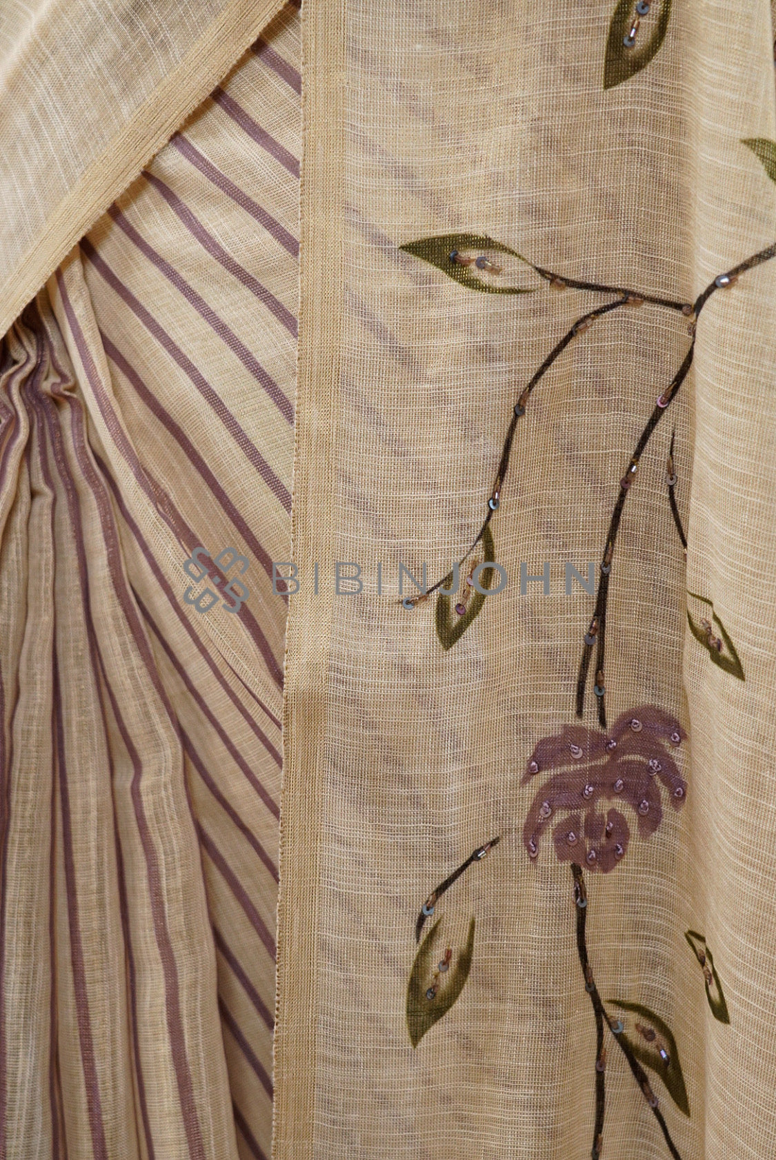 Tissue Embroidery Saree For Women Antique Beige side view