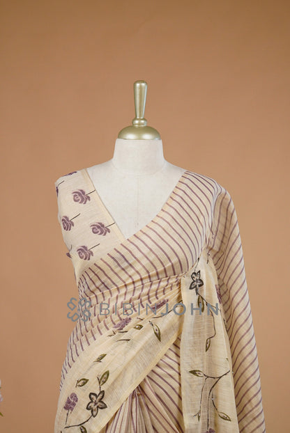 Tissue Embroidery Saree For Women Antique Beige close view