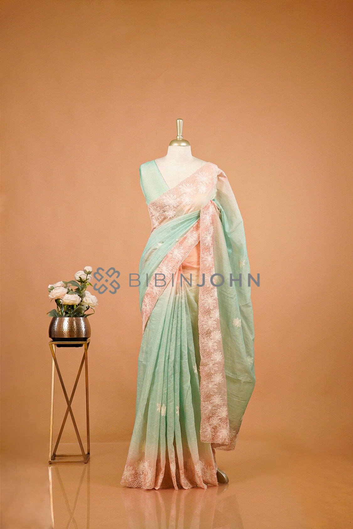 Cotta Embroidery Saree For Women Pastel Mint Green 