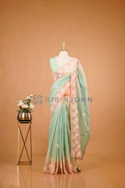 Cotta Embroidery Saree For Women Pastel Mint Green 