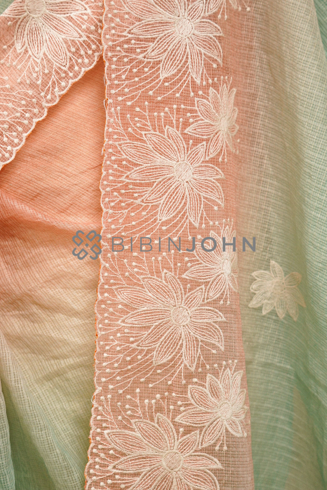 Cotta Embroidery Saree For Women Pastel Mint Green close view