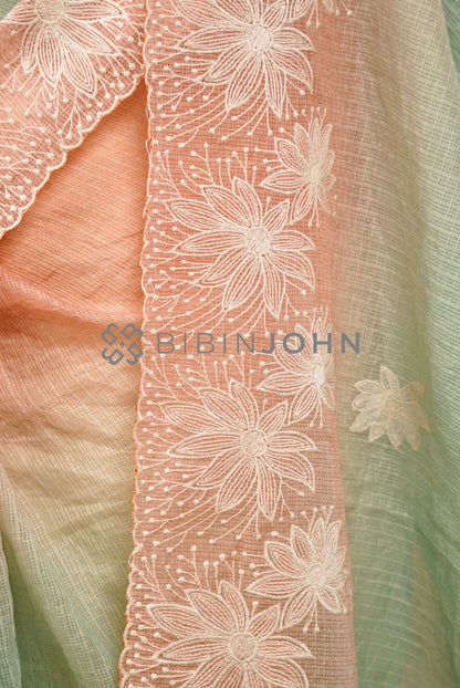 Cotta Embroidery Saree For Women Pastel Mint Green close view