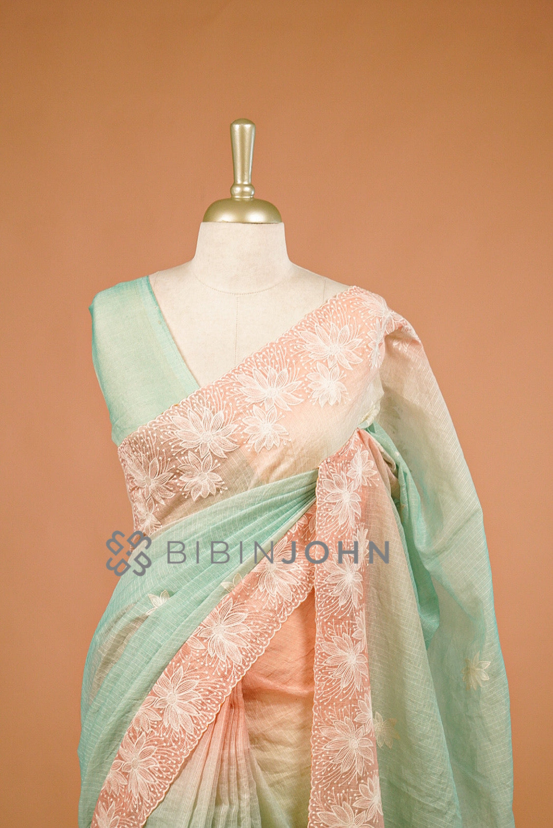 Cotta Embroidery Saree For Women Pastel Mint Green close view
