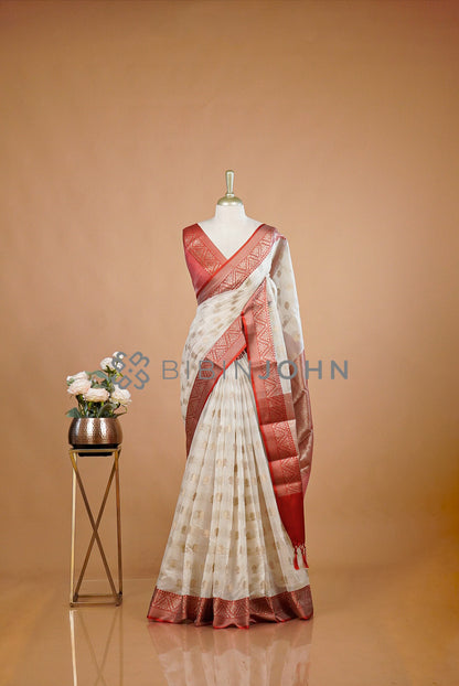  Chanderi Banarasi Saree For Women Ivory Cream 