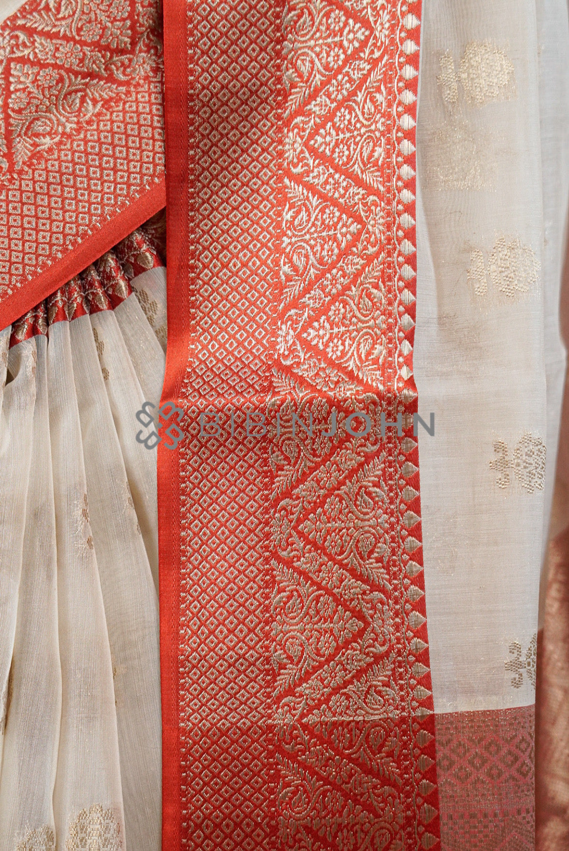  Chanderi Banarasi Saree For Women Ivory Cream side view.