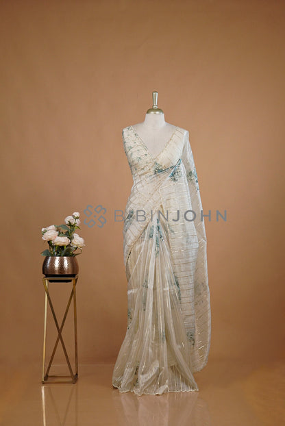 Tissue Handwork Embroidery Saree For Women Pearl Ivory