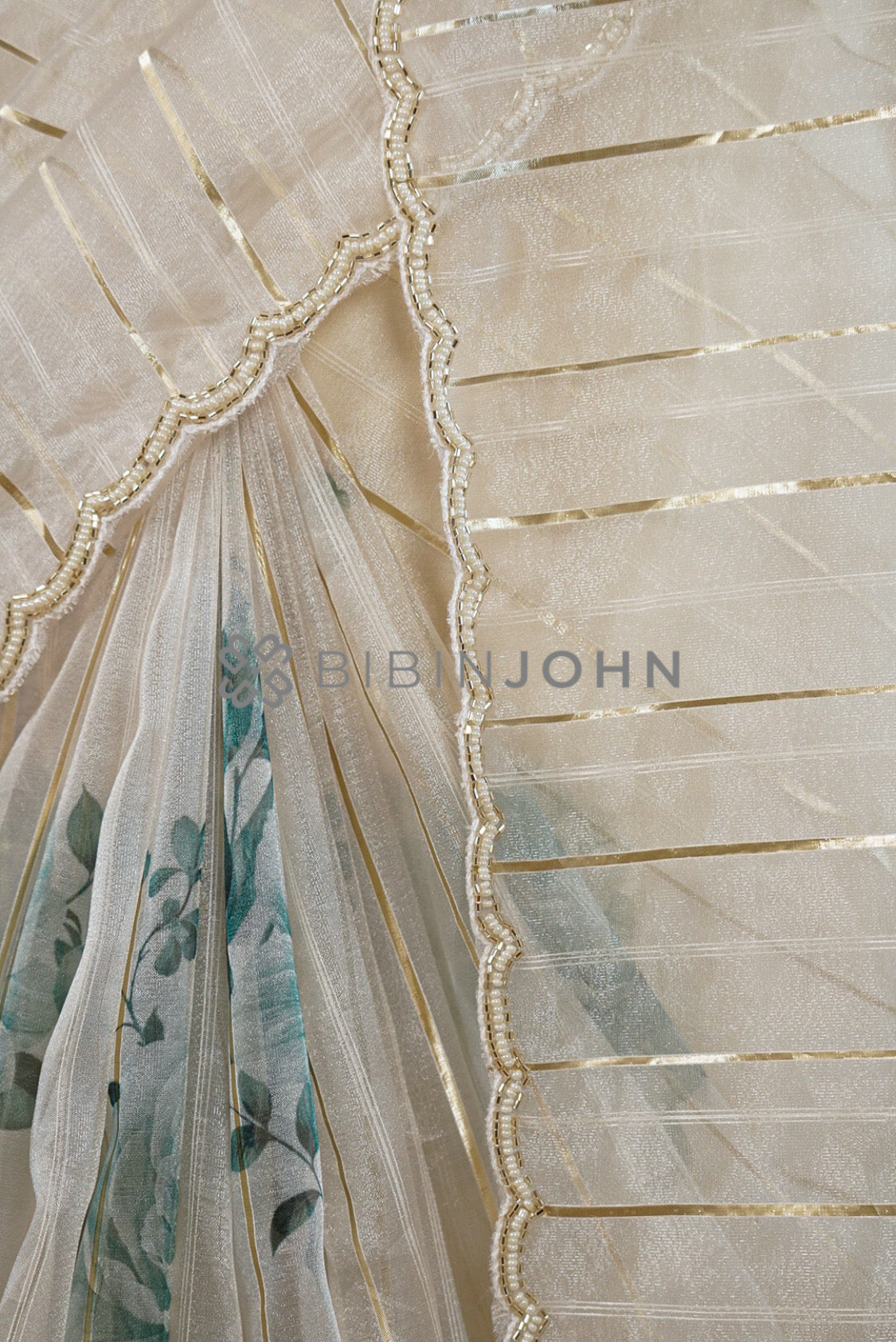 Tissue Handwork Embroidery Saree For Women Pearl Ivory side view