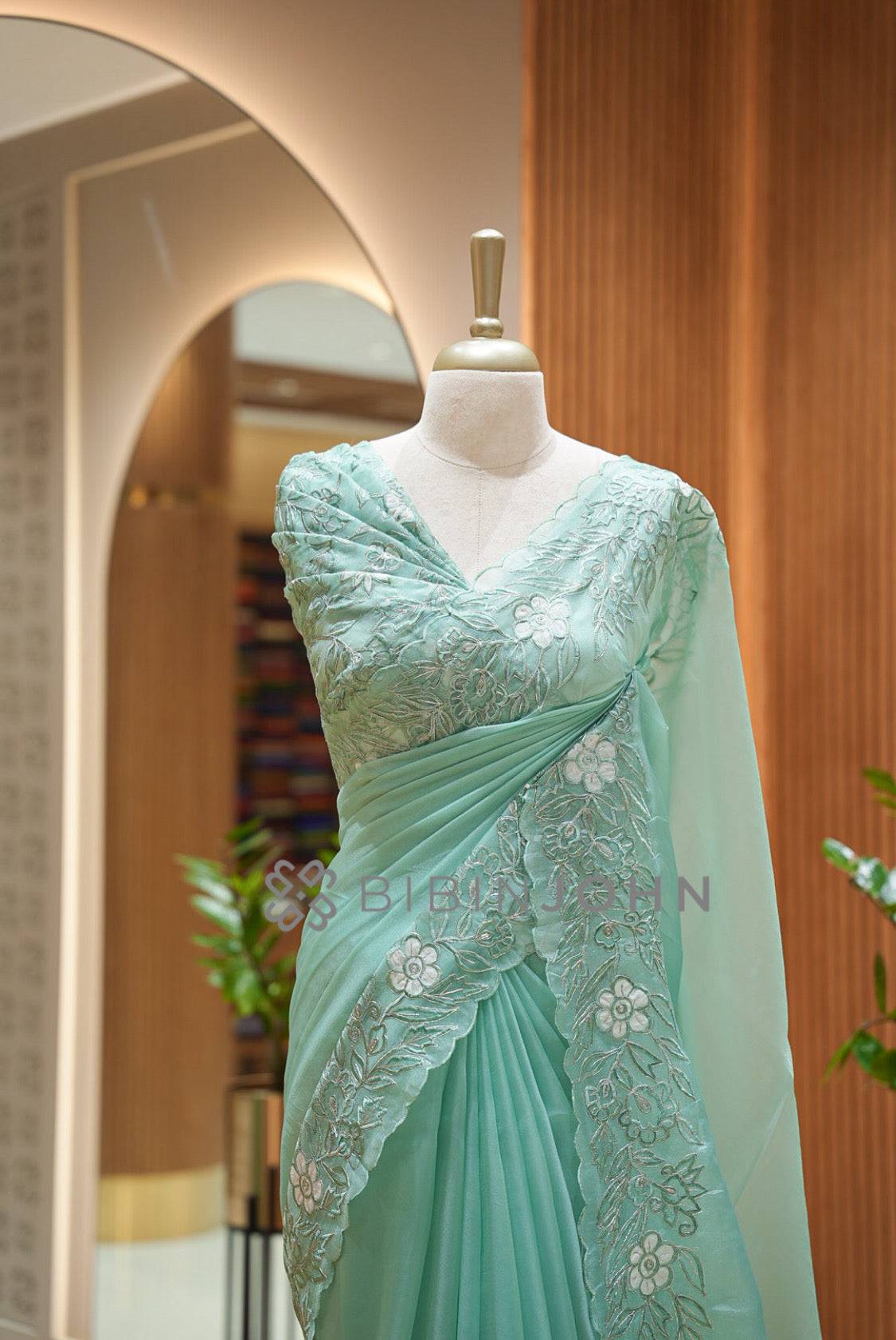 Tissue Organza Embroidery Saree For Women Mint Aqua close view